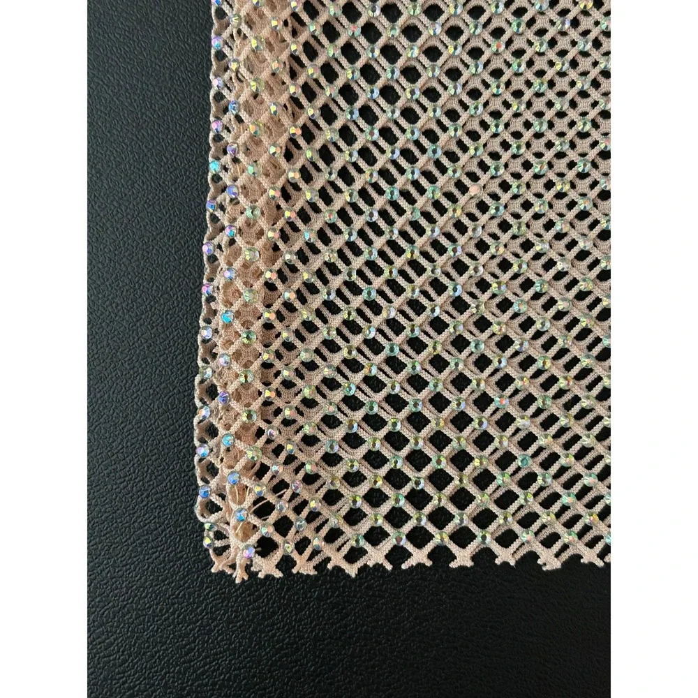 Zara Rhinestone Fishnet Top Long Sleeve Mesh Shimmer Nude Champagne M (1238)